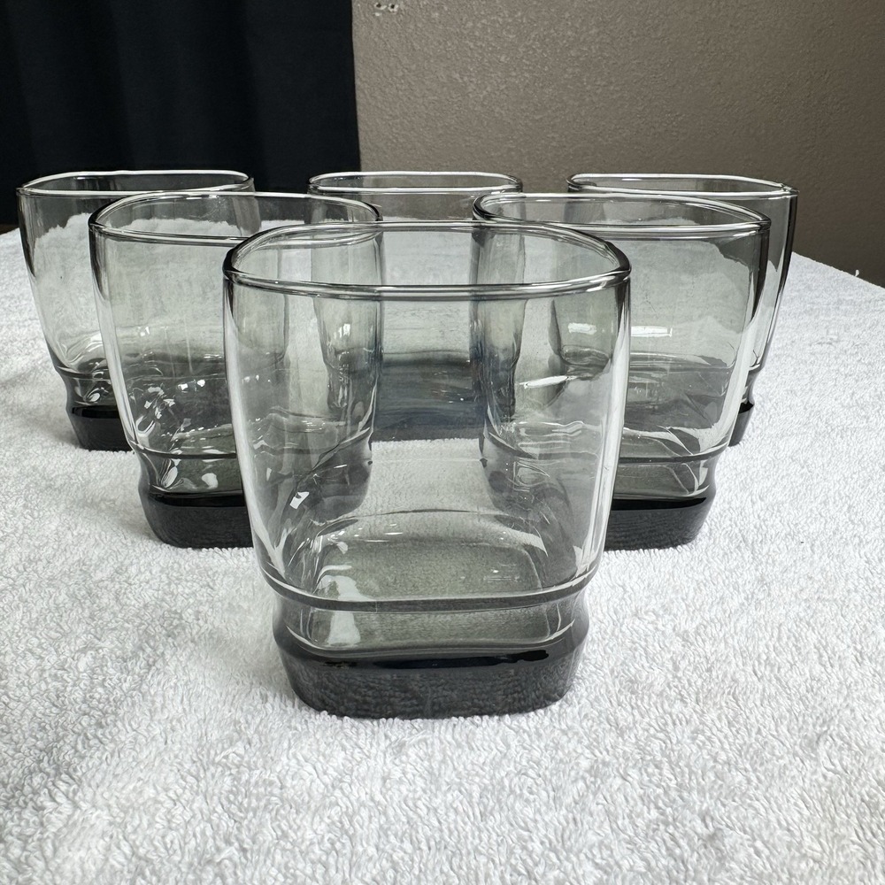 Set 6 Libbey Carrington Brown Tawny Smoke Square Lowball Rocks Glasses 3.75"